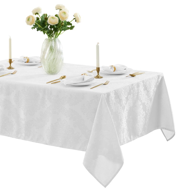 Newbridge Barcelona Luxury Damask Fabric Tablecloth, 60â€ Wide x 84â€ Rectangle, White, 100% Polyester, No Iron, Soil Resistant Dining Room, Party and Banquet Table Cover - Image 1